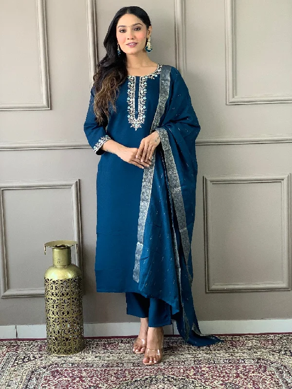 Blue Designer Readymade Pant Suit With Embroidery Printed Work Warm Wool Trousers