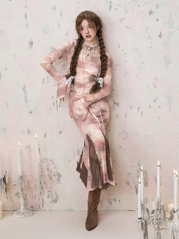 Marbled Slit Mermaid Silhouette Slim Dress IMO0030 Tunics Trendy modern