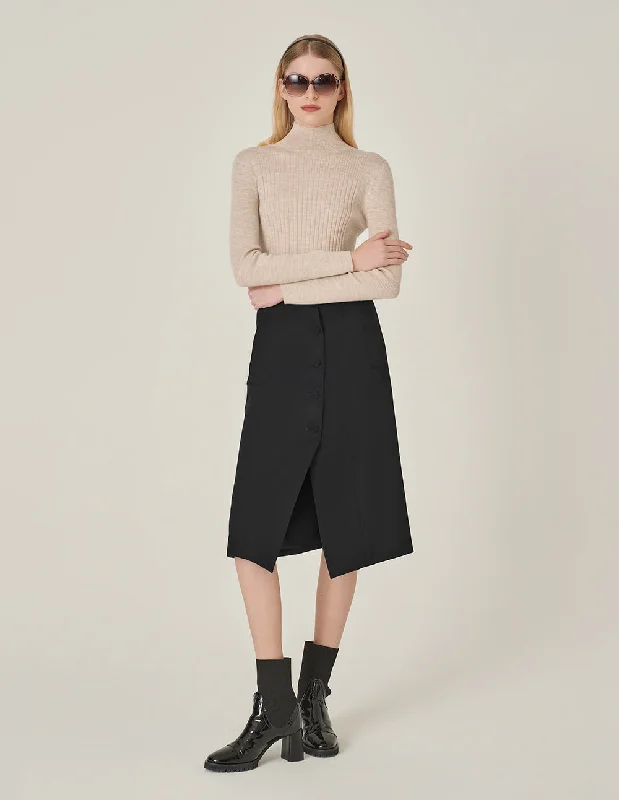 MARYLING Black Hem Slit Small A Hem Skirt elastic waist skirt