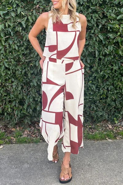 Printed Round Neck Tank and Pocketed Pants Set mesh tank top