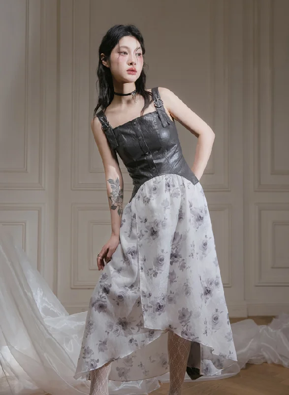 Glossy Leather Sleeveless Flower Print Dress COT0108 Tunics Luxurious premium
