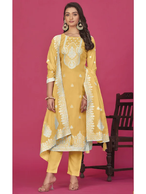 Yellow Organza Pant Suit With Wevon Designer Baadla Work Fashionable Track Pants