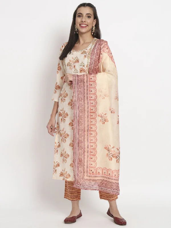 Cream Designer Readymade Pant Suit With Printed Work Fashionable Sporty Pants