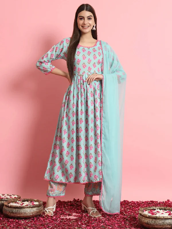 Blue Premium Designer Readymade Pant Suit With Embroidery Work Wide-Legged Palazzos