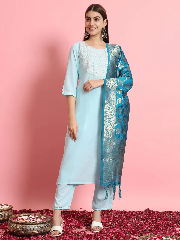 Sky Premium Designer Pant Suit With Embroidery Work Slim-Fit Leggings