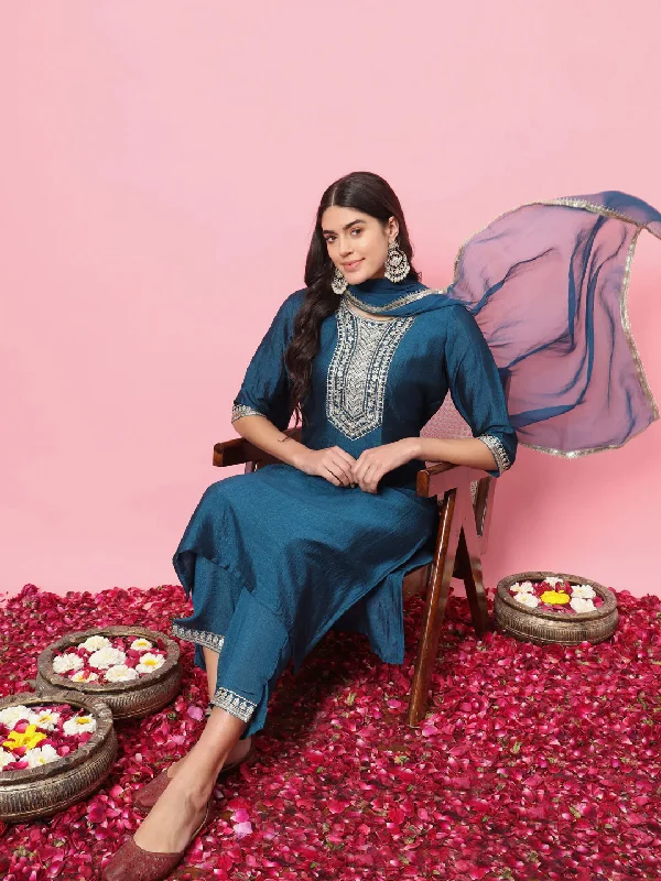Teal Blue Premium Designer Pant Suit With Embroidery Work Formal Dress Pants