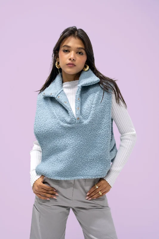 Willow Fuzzy Baby-Blue Sleeveless Jacket Satin Fabric Silk Fabric Chiffon Fabric