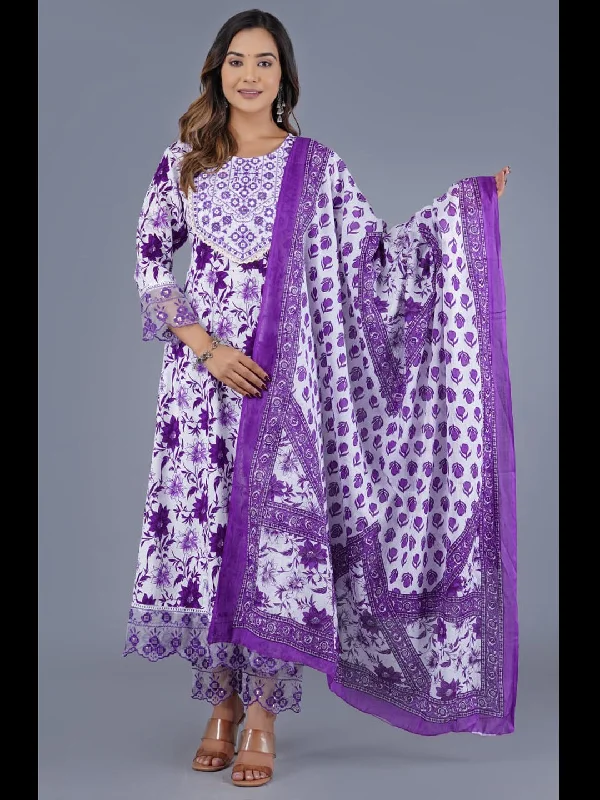 Purple Designer Readymade Cotton Pant Suit With Designer Printed Embroidery Work Comfortable Maternity Pants