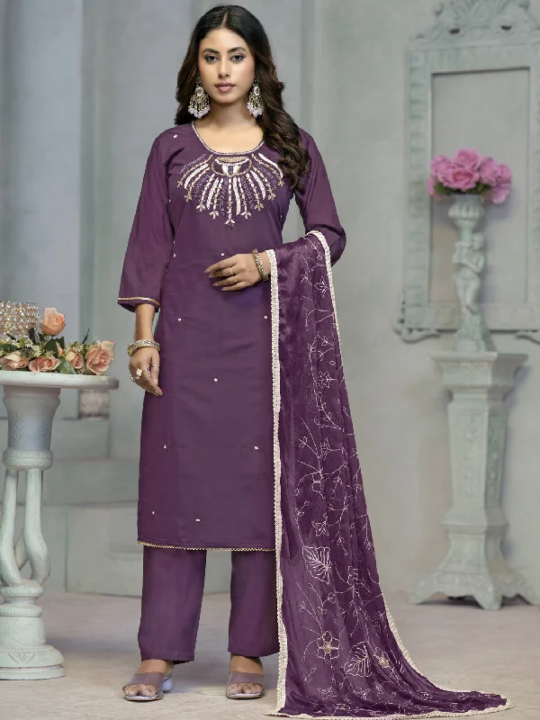 Purple Designer Readymade Pant Suit With Embroidery Work Casual Track Pants