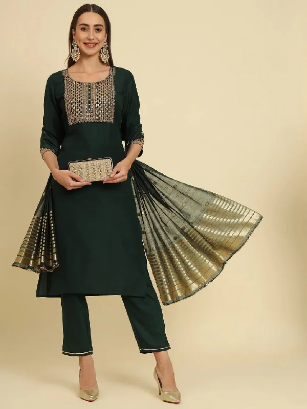 Green Trendy Designer Readymade Silk Blend Pant Suit With Embroidery Printed Work Classic Stretch Pants
