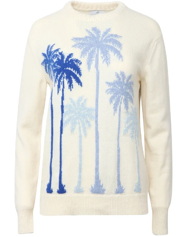 White and Blue Palm Tree Crewneck Sweater Print Jacquard Patchwork
