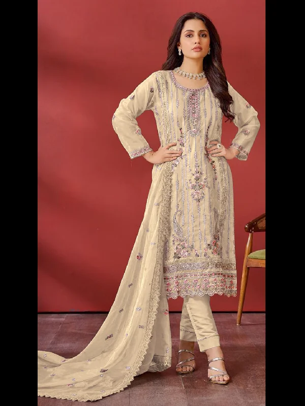 Cream Designer Heavy Pakistani Pant Suit With Prettified Embroidery Work Classic Cropped Pants