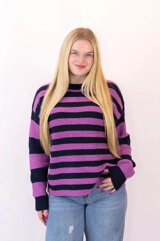 Wyatt Striped Sweater | Navy/Purple Wool Fabric Cashmere Fabric Tweed Fabric