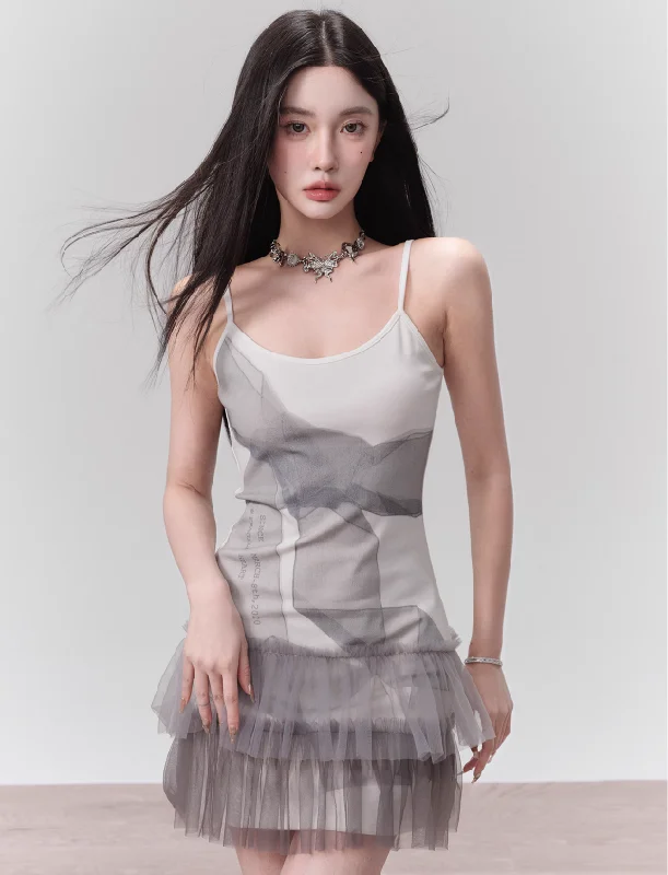 Pictorial Gray Bow Printed Mesh Suspender Dress FRA0123 Tunics Luxurious high-end