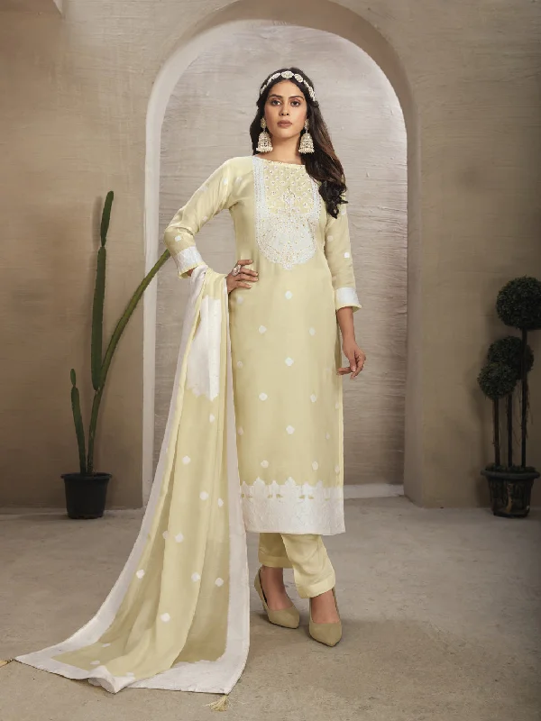 Beige  Organza Pant Suit With Wevon Design Diamond Work Comfortable Wide-Leg Pants
