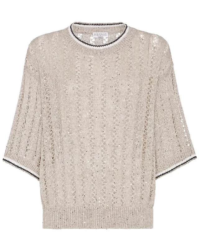 Cool Beige and Charcoal Micro Paillette French Riviera Sweater Herringbone Houndstooth Plaid