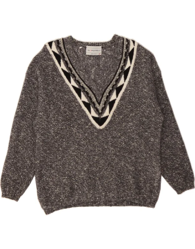 VINTAGE Womens V-Neck Jumper Sweater UK 16 Large Grey Flecked Hooded Caped Shawl Collar