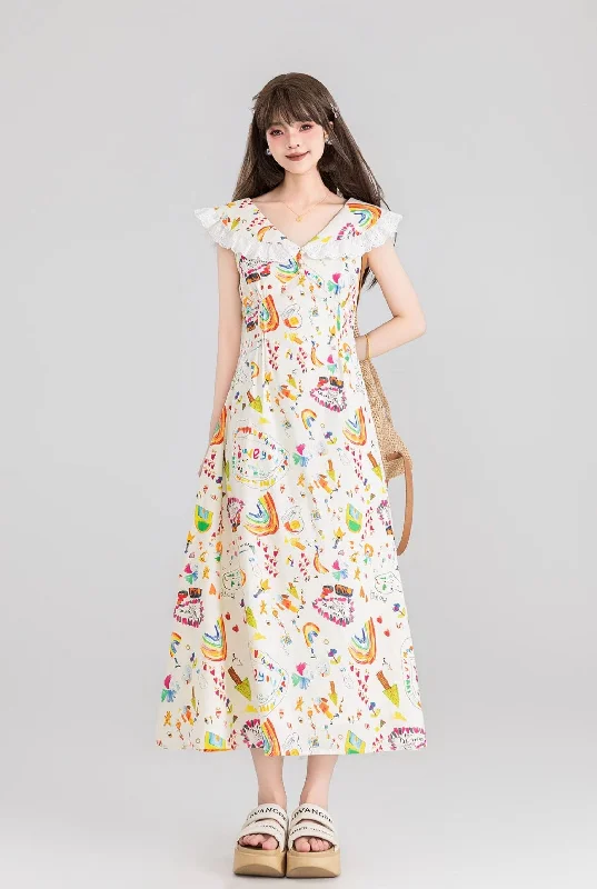 Graffiti Floral Lace Edge Long Dress KEI0116 Tunics Practical durable