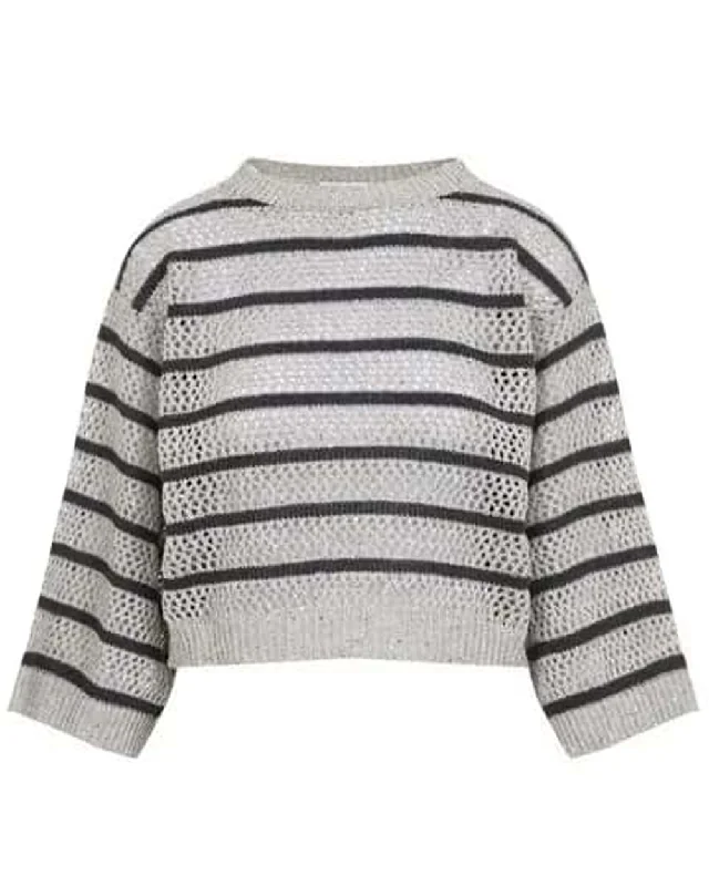 Cool Beige and Navy Stripe Micro Paillette French Riviera Sweater Embroidered Appliqued Beaded