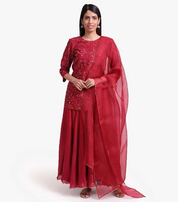 Maroon Embroidered Chanderi Kurta & Skirt Set leather skirt sleek