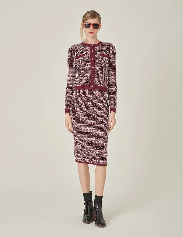 MARYLING Red & Black Plaid Imitation Tweed Knitted Knee-Length Straight Skirt pencil skirt chic