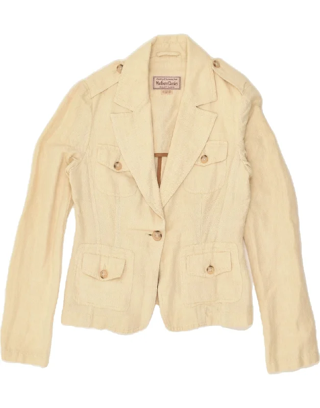 MARLBORO CLASSICS Womens 1 Button Blazer Jacket IT 42 Medium Beige Ramie Denim Fabric Leather Fabric Suede Fabric