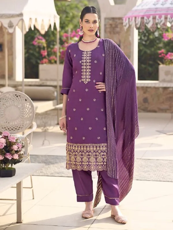 Dark Lavender Trendy Designer Readymade Pant Suit With Embroidery Work Trendy Tapered Pants