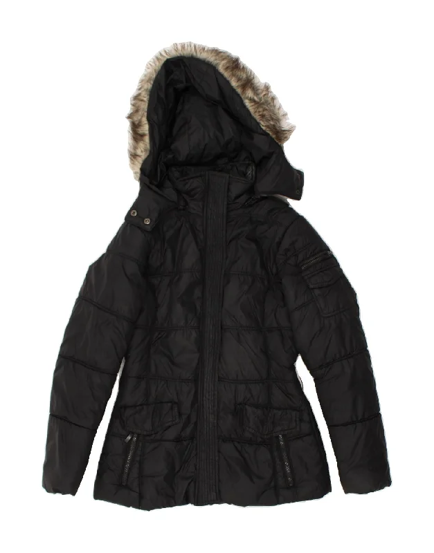 VINTAGE Womens Hooded Padded Jacket UK 10 Small Black Nylon Anorak Shell Jacket Lightweight Jacket