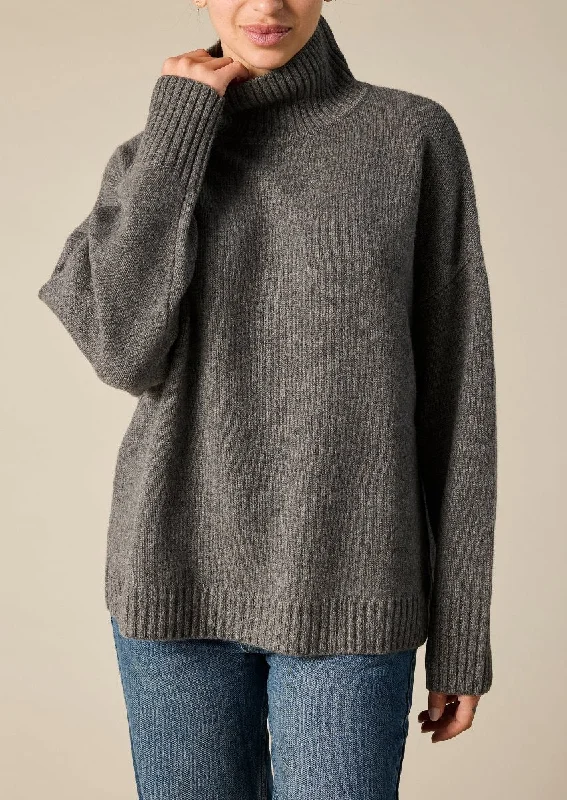 Cashmere Sunday Sweater in Charcoal Grey Ribbed Striped Patterned