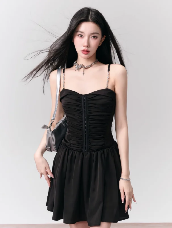 Pleated Satin Advanced Suspender Dress FRA0143 Tunics Long Elegant