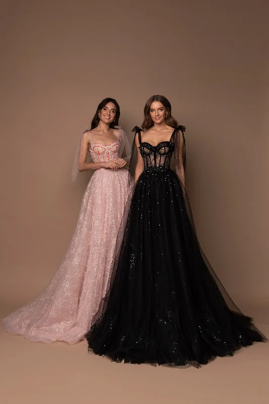 A Line Tulle Evening Dress with Cups Black Pink Red See Tunics Custom made