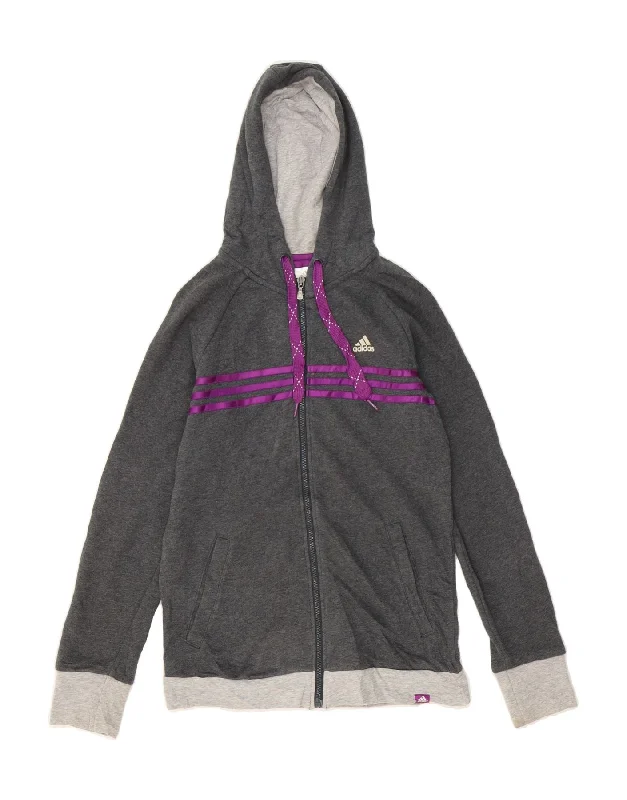 ADIDAS Womens Zip Hoodie Sweater UK 8/10 Small Grey Cotton Chenille Blend Fleece Blend Nylon Blend