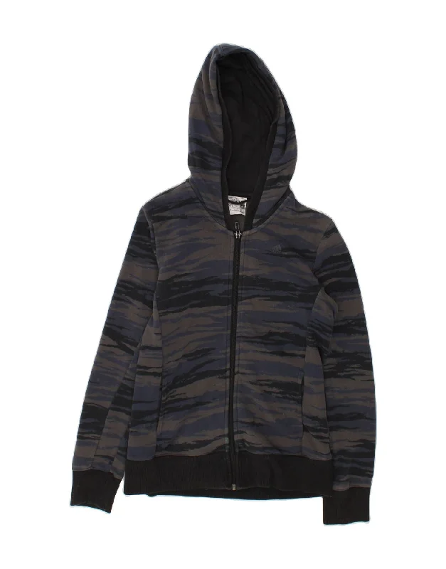 ADIDAS Womens Zip Hoodie Sweater UK 12/14 Medium Navy Blue Camouflage Embroidered Appliqued Beaded