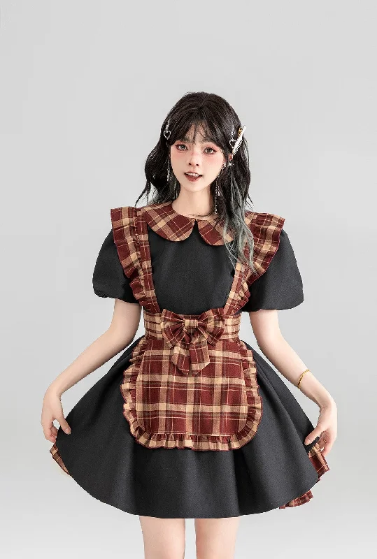 Maid Style Plaid Short Skirt Black Dress KEI0076 Tunics Solid Classic