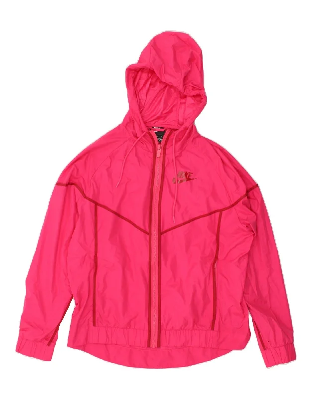 NIKE Womens Hooded Rain Jacket UK 16 Large Pink Polyester Front Pockets Side Pockets Patch Pockets