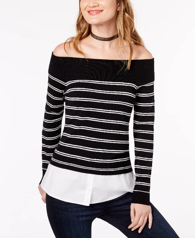 Petite Layered Look Off The Shoulder Sweater Solid Print Embellished