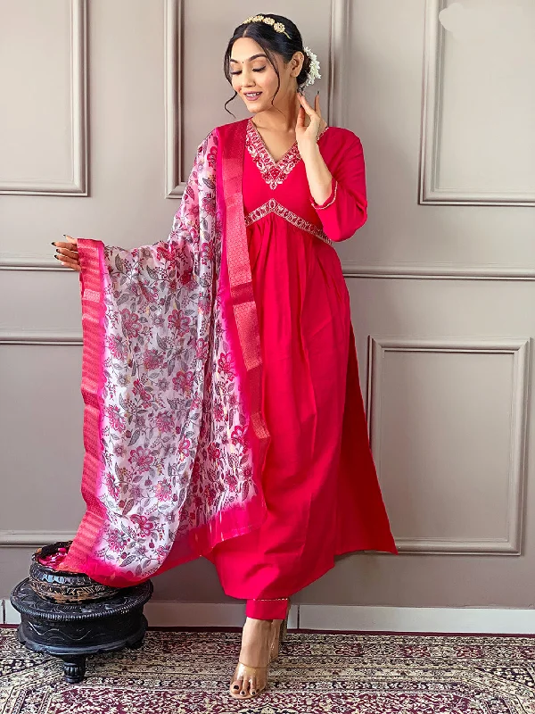 Rani Pink Trendy Designer Readymade Pant Suit With Embroidery Work Trendy Wide-Leg Pants