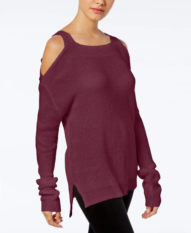 Hooked Up By Iot Juniors Knit Cold Shoulder Sweater Welt Pockets Slit Pockets Flap Pockets