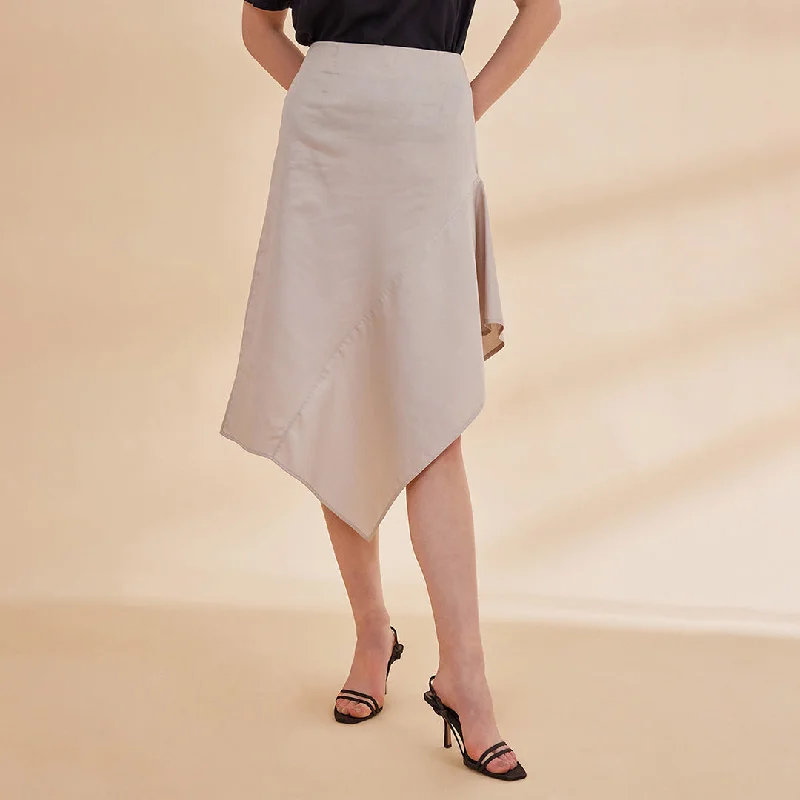 B77 Women's Organic Cotton Satin Asymmetrical Hemline Skirt / Grey linen skirt relaxed
