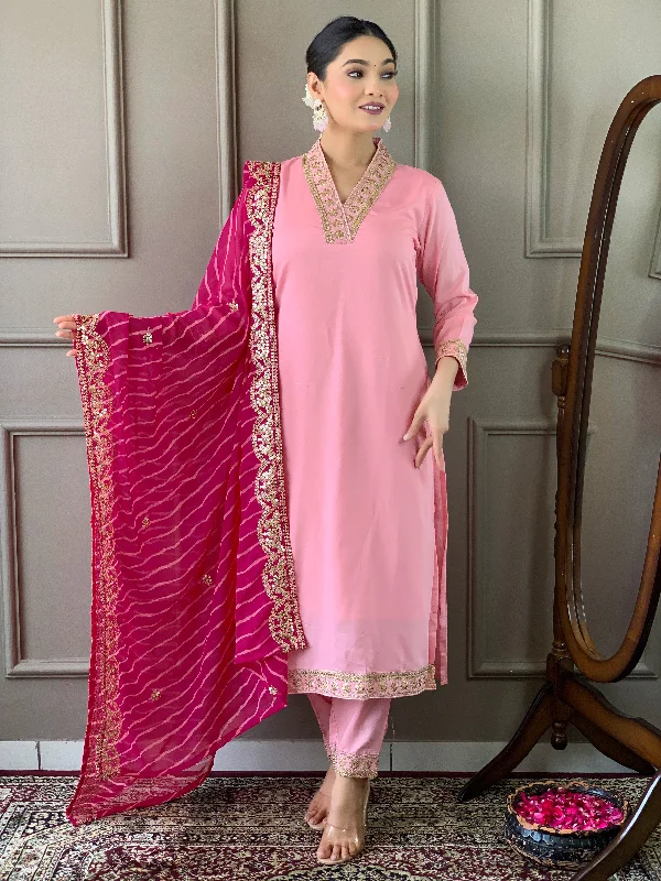Pink Attractive Looking Pant Suit With Designer Embroidery Printed Work Stylish Casual Pants