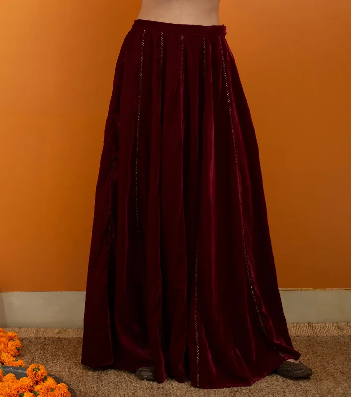 Maroon Zari Embroidered Velvet Skirt tiered skirt playful