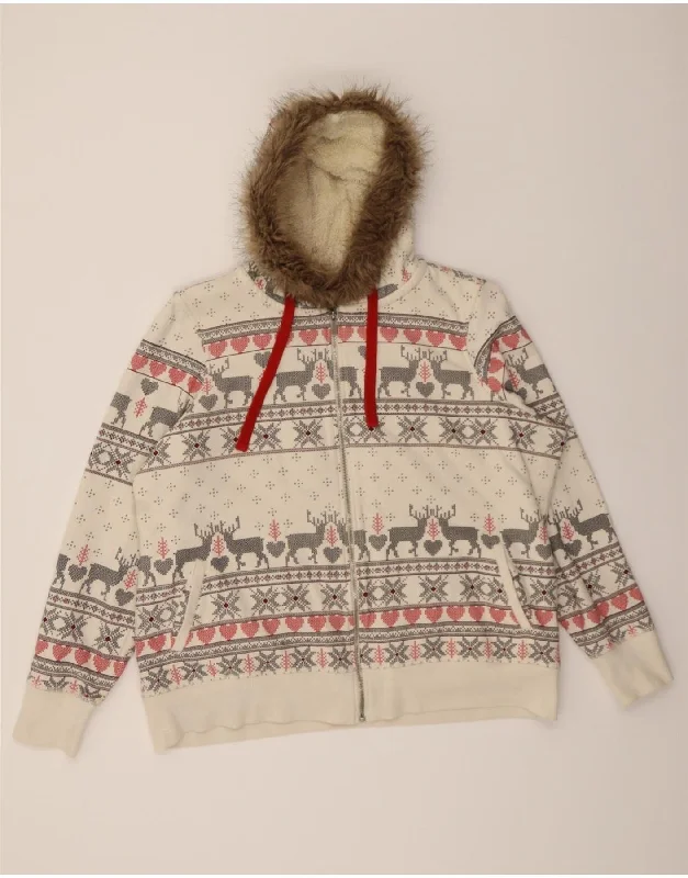 MARKS & SPENCER Womens Zip Hoodie Sweater UK 22 2XL Off White Fair Isle Lace Blend Ribbed Blend Corduroy Blend