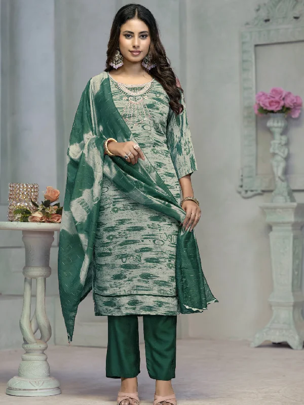 Green Designer Readymade Pant Suit With Printed Embroidery Work Cozy Maternity Pants