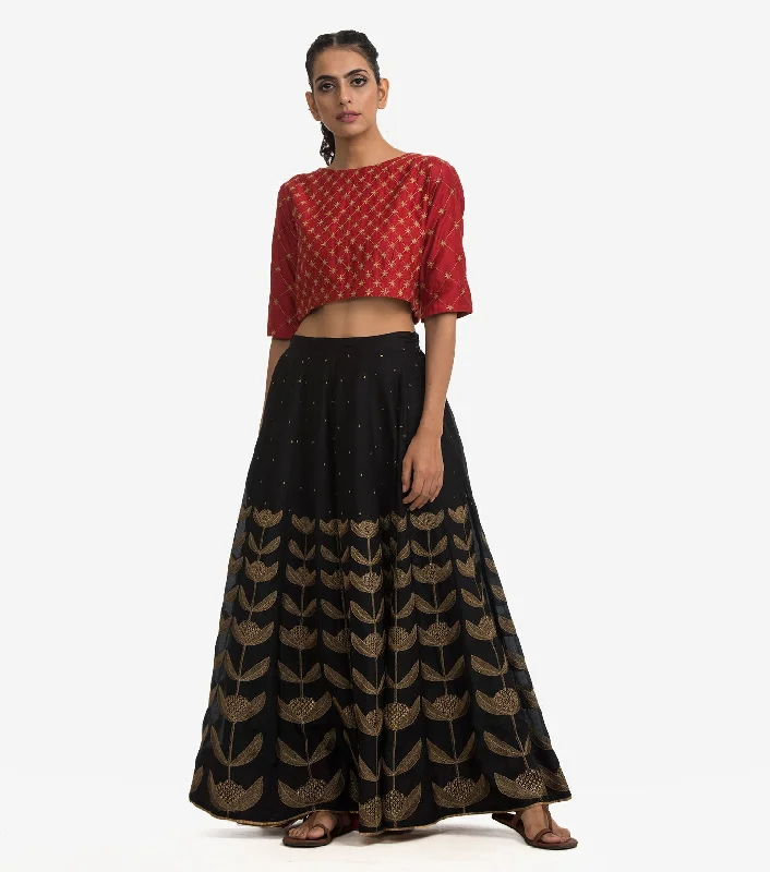 Black cotton silk embroidered Skirt vintage skirt charm