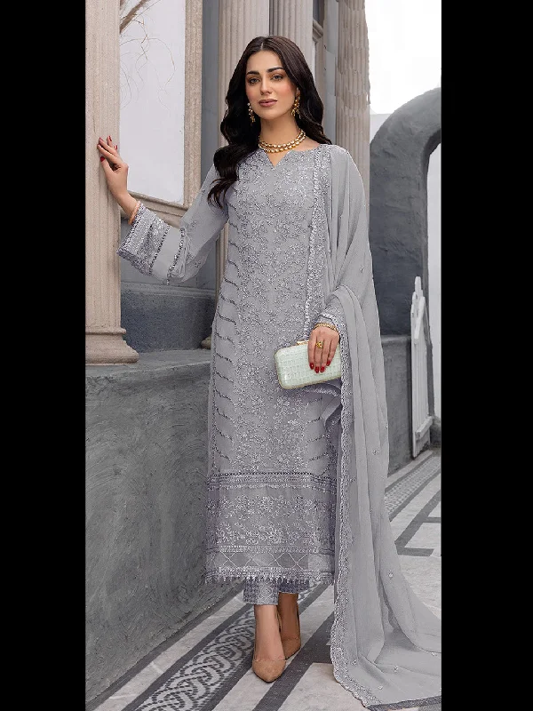 Grey Traditional Designer Semi-Stitched Pant Suit With Embroidery Work Classic Pleated Pants