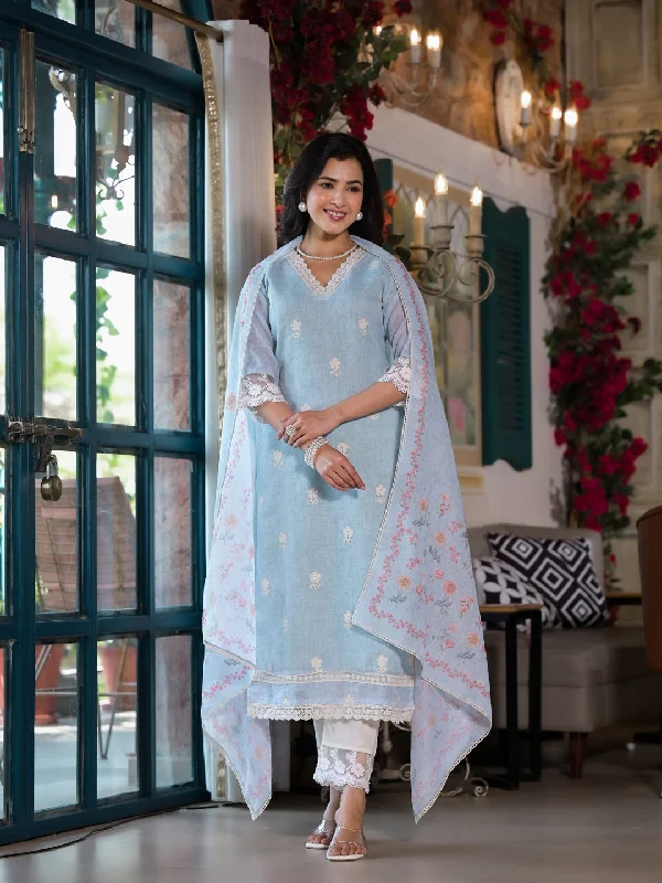 Blue Designer Readymade Linen Pant Suit With Digital Printed Work Slim-Fit Khaki Pants