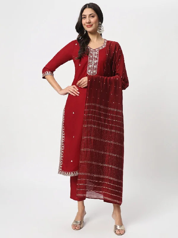 Maroon Designer Readymade Pant Suit With Embroidery Work Casual Skinny Fit Pants