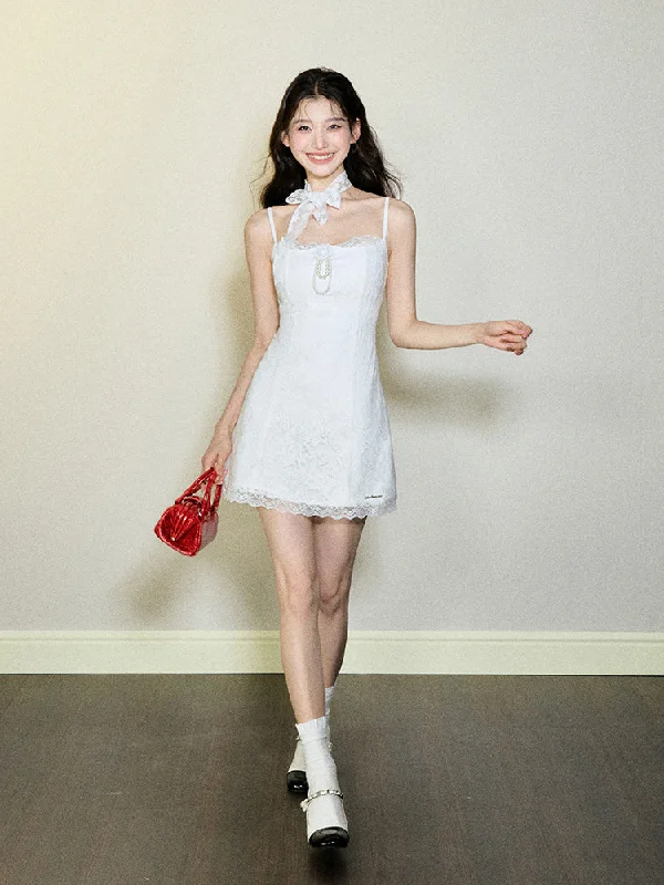 White French Style Lace Pearl Sling Stitching Dress UND0085 Tunics Summer linen