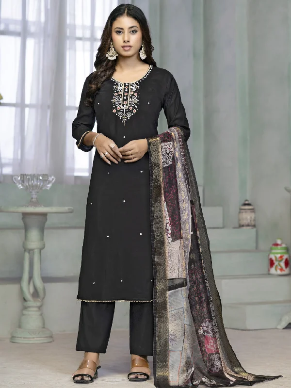 Black Designer Readymade Pant Suit With Printed Embroidery Work Stylish Elastic Waist Pants