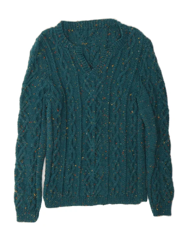 VINTAGE Womens V-Neck Jumper Sweater UK 14 Large Turquoise Flecked Long Sweater Short Sweater Cropped Sweater